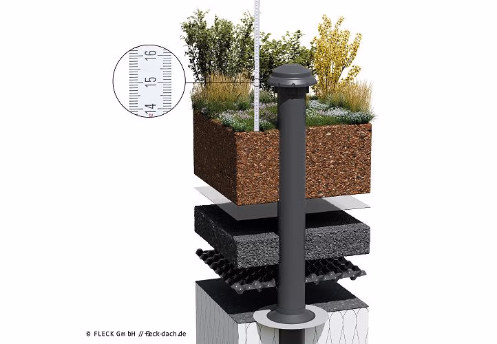 Die Mündungsöffnung liegt mindestens 15 Zentimeter über der obersten Auflagefläche – so wird das Eindringen von Wasser verhindert. Foto: Fleck GmbH