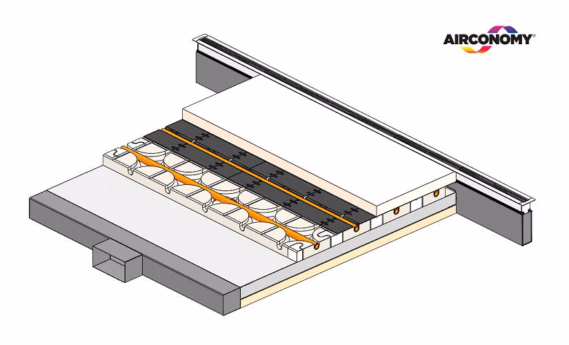 Die Systemkomponenten für Flächenheizung und Luftverteilung verschwinden im Bodenaufbau, so lassen sich die Räume flexibel gestalten. An den schwarzen Airconomy-Systemmodulen mit Wärme- und Trittschalldämmung werden die Heizrohre über Nocken fixiert. (Modellabbildung, Modullänge verkürzt dargestellt)