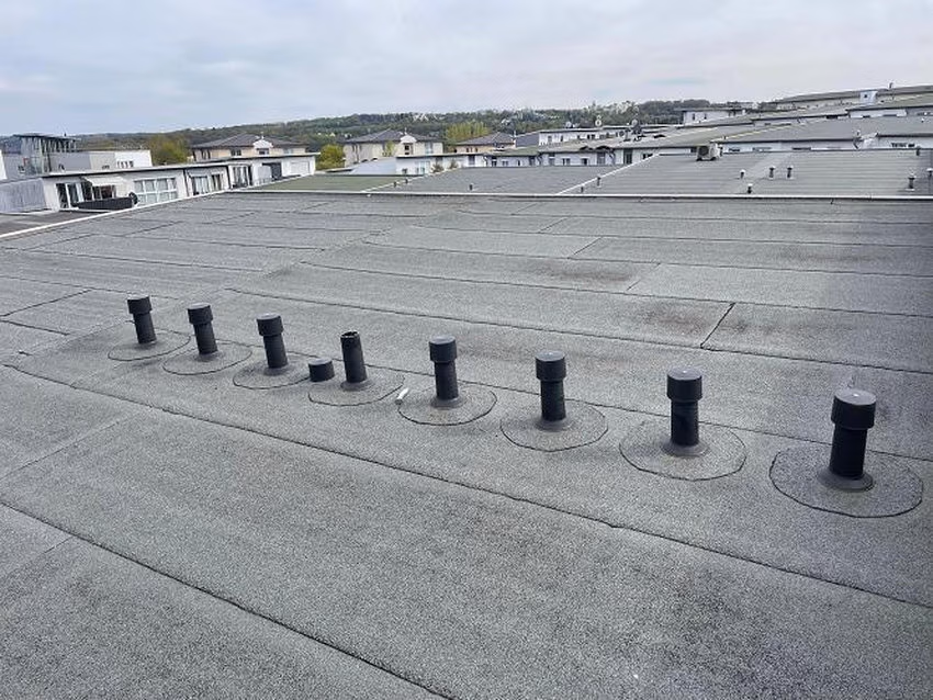 Die bisherigen passiven Dachlüfter auf dem flach geneigten Pultdach werden durch neue windgetriebene Rotor-Zwangslüfter von Fleck GmbH ersetzt. Ziel ist eine verbesserte Entlüftung des Dachaufbaus und die Reduzierung von Feuchtigkeit. Foto: Verlag Bruchmann