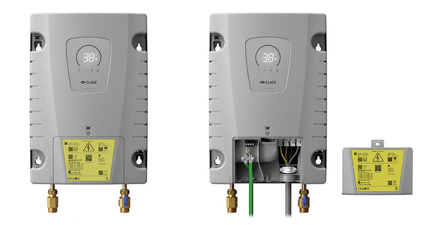 Elektro-Anschluss und Modbus-Anschluss (grünes Kabel) befinden sich hinter der Klappe.