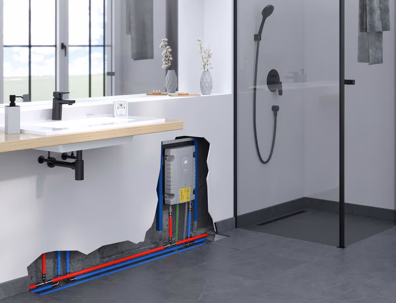 Bei entsprechender Anlagenplanung kann der ISX Dusche, Waschbecken und Küchenspüle dezentral mit erwärmtem Trinkwasser versorgen.