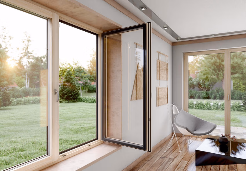 Heller Wohnraum mit Holzfensterrahmen, geöffnetem Fensterflügel und Blick in einen Garten.