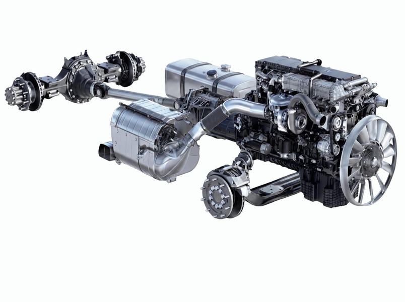 Freigestellte technische Darstellung des Powerliner-Antriebsstrangs mit Dieselmotor, Abgasnachbehandlung und Antriebsachse.