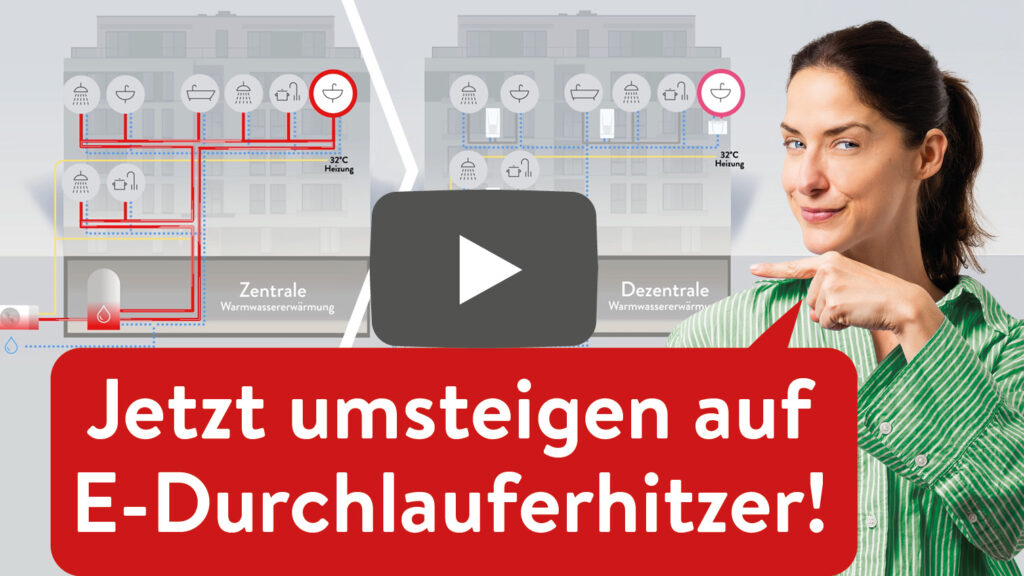 Das neue CLAGE-Erklärvideo vergleicht zentrale und dezentrale Konzepte der Warmwasserversorgung.