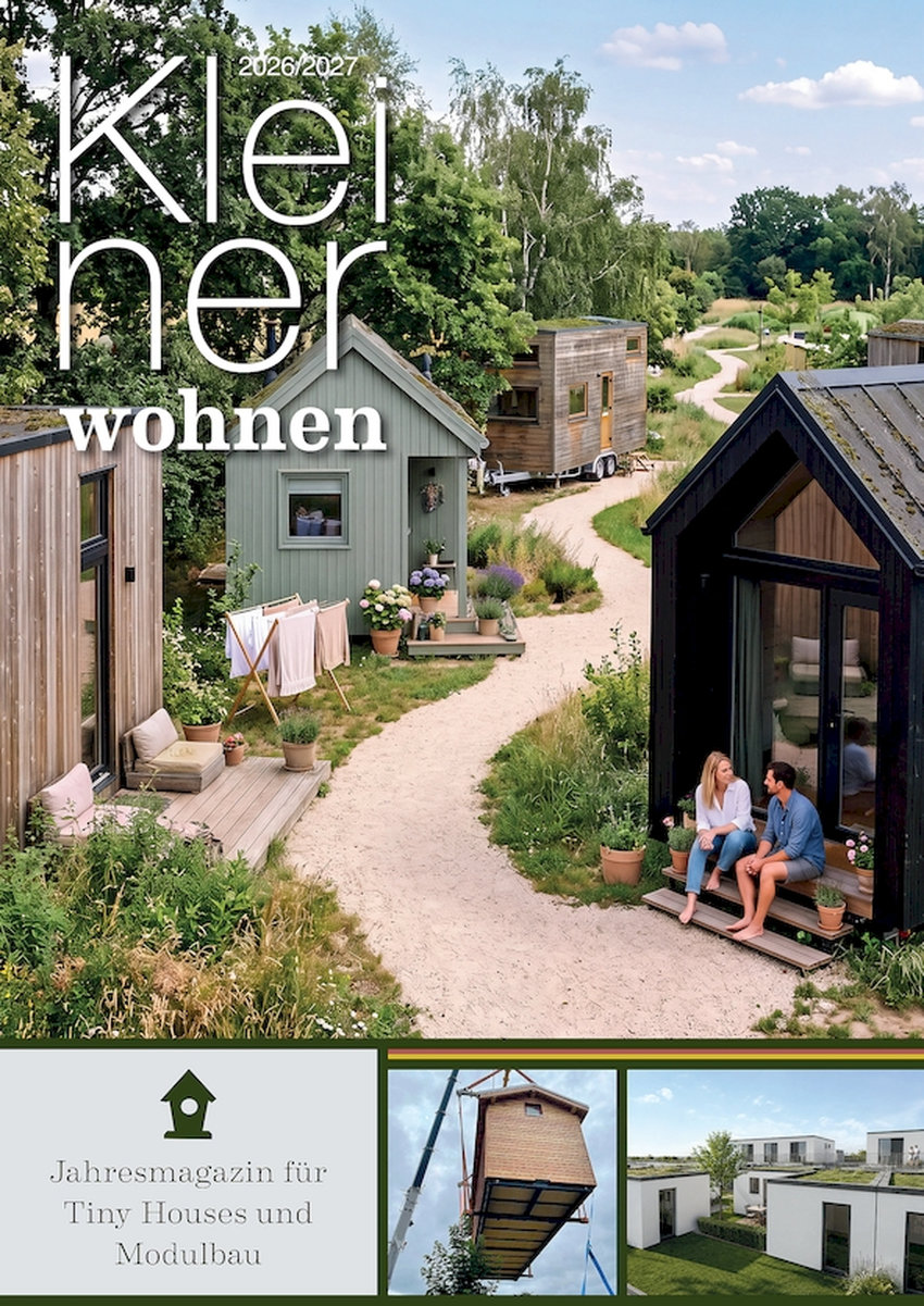 Das Jahresmagazin „Kleiner Wohnen 2026/2027“ informiert über Tiny Houses, Modulbau sowie das Wohnen und Arbeiten auf kleiner Fläche. Bild: Laible Verlagsprojekte