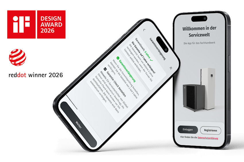 Zwei Smartphones zeigen die Servicewelt-App von Stiebel Eltron neben den Logos des iF Design Award 2026 und des Red Dot Award 2026.