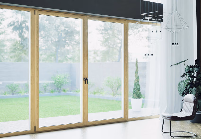 Heller Wohnraum mit bodentiefen Fenstern und Türen in Holzoptik zum Garten.