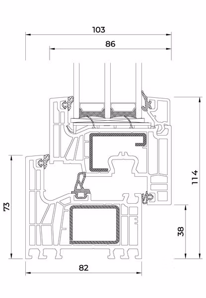Dreidimensionale Schnittdarstellung eines Iglo-Edge-Fensterprofils mit Kammern, Verstärkungen und Verglasung.