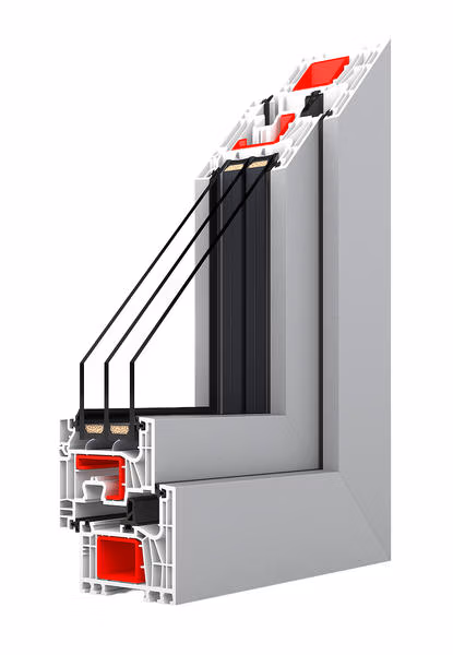 Dreidimensionale Schnittdarstellung eines Iglo-Edge-Fensterprofils mit Kammern, Verstärkungen und Verglasung.