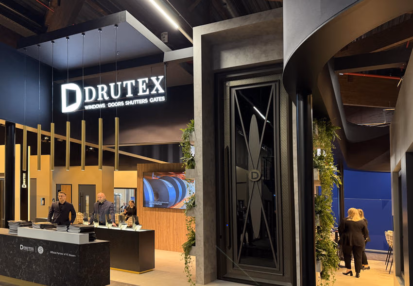 Hohe Drutex-Eingangstür Pivot Monumental mit geometrischen Gestaltungselementen an einem Messestand mit beleuchtetem Drutex-Logo.
Foto: Drutex