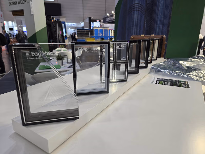 Mehrere Isolierglasmuster mit schwarzen Randverbunden auf dem Messestand von Edgetech