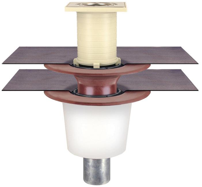 So wird der zweiteilige Flachdachablauf der Serie O auf einem gedämmten Dach eingebaut: Die Anschlussmanschetten (standardmäßig für Bitumenbahnen) liegen oberhalb und unterhalb der Dämmung Mindestabstände sind zur Attika bzw. zum Dachrand einzuhalten. Werkseitig eingeklemmte Anschlussmanschetten gibt es bei Loro für die Serien E, F, H und O. Mit dieser Angebotsbreite gibt es Lösungen für die Entwässerung auf dem Flachdach und für den Balkon.