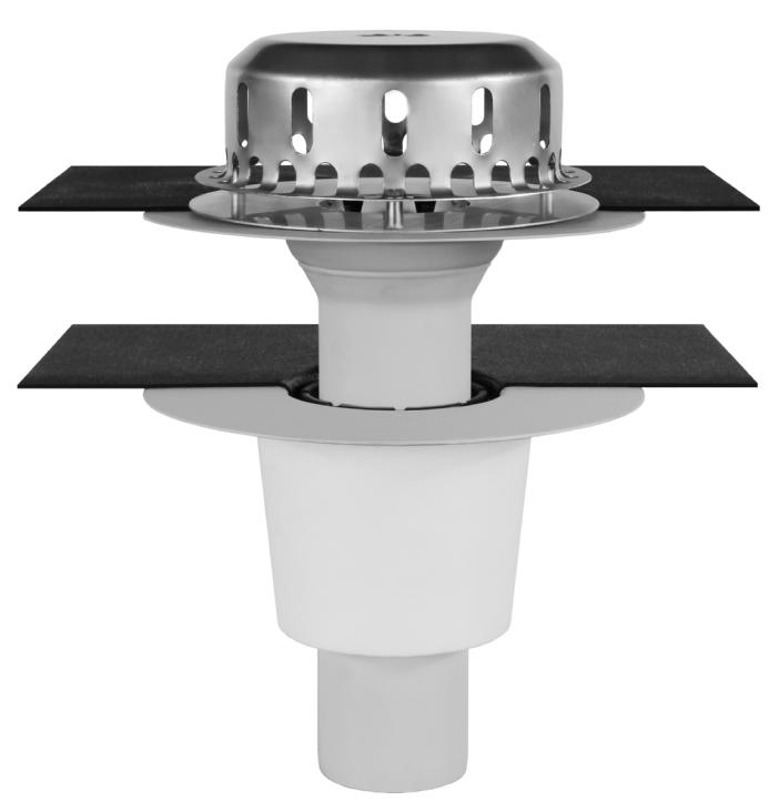 So wird der zweiteilige Flachdachablauf der Serie O auf einem gedämmten Dach eingebaut: Die Anschlussmanschetten (standardmäßig für Bitumenbahnen) liegen oberhalb und unterhalb der Dämmung Mindestabstände sind zur Attika bzw. zum Dachrand einzuhalten. Werkseitig eingeklemmte Anschlussmanschetten gibt es bei Loro für die Serien E, F, H und O. Mit dieser Angebotsbreite gibt es Lösungen für die Entwässerung auf dem Flachdach und für den Balkon.
