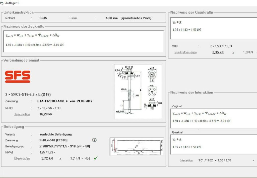 SandStat ist eine Software zur normgerechten Berechnung und Bemessung von Sandwichpaneelen sowie deren Befestigungen im Hallen- und Industriebau. 
Bildquelle: SFS
