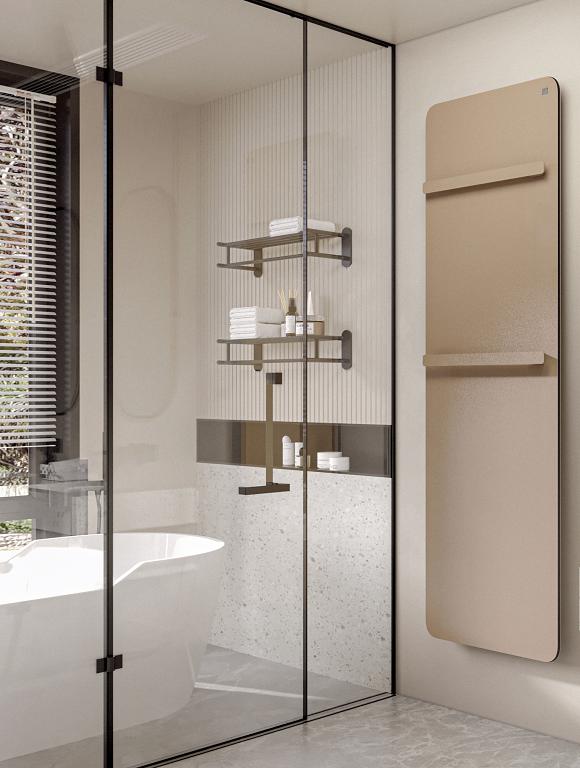 Zehnder Vitalo Bar mit Handtuchhaltern in Heizkörperfarbe sorgt für eine einheitliche Optik und eine elegante Badgestaltung.