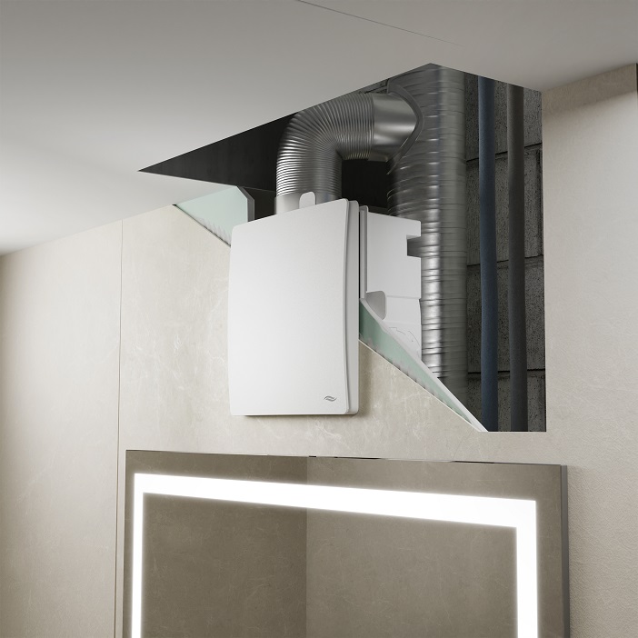 Das Abluftgerät Taris lässt sich entweder als Unterputz- oder als Aufputzvariante montieren. Die dezente Unterputzvariante ist besonders für die Decken- und Wandinstallation von Vorteil, auch ein Zweitraumanschluss ist erhältlich.