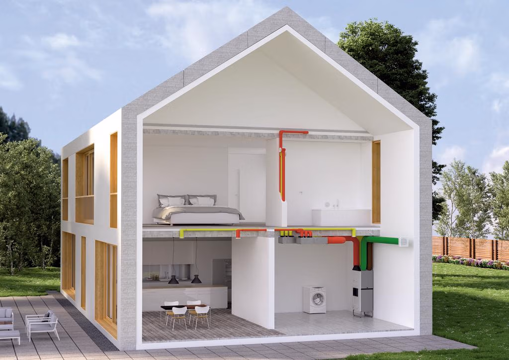 In Kombination mit dem Komfortlüftungsgerät ComfoAir Q ermöglicht ComfoClime Cool eine energieeffiziente Zulufttemperierung und trägt zur Reduktion des Heiz- und Kühlbedarfs bei. Bildquelle: Zehnder Group Deutschland GmbH, Lahr.