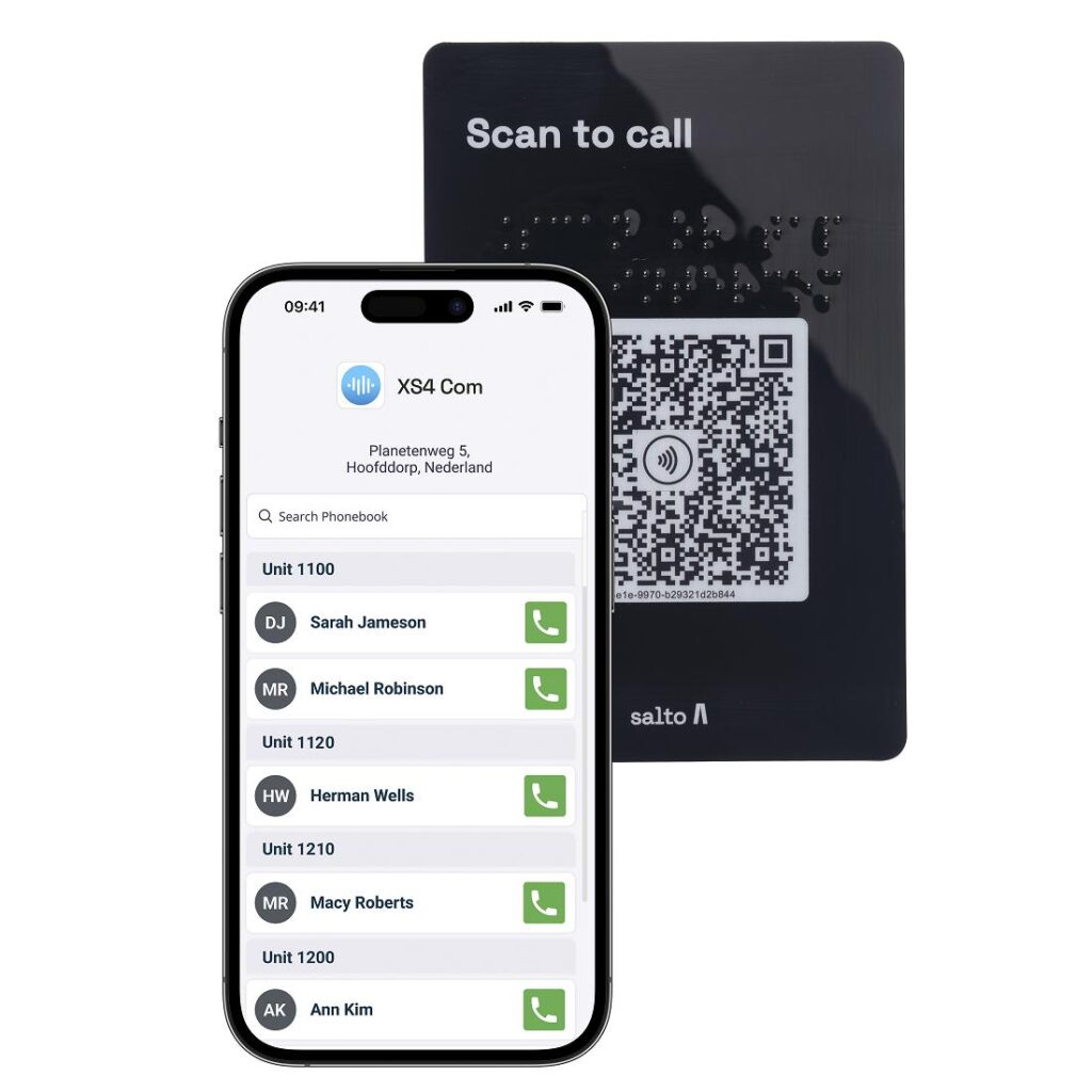 Hardwarelose Türkommunikation: Durch einfaches
Scannen des iGO Schildes oder Aufklebers mit ihrem Smartphone
können Besucher über das virtuelle Telefonbuch direkt mit Personen
im Gebäude in Kontakt treten.
Bildquelle: Salto Systems